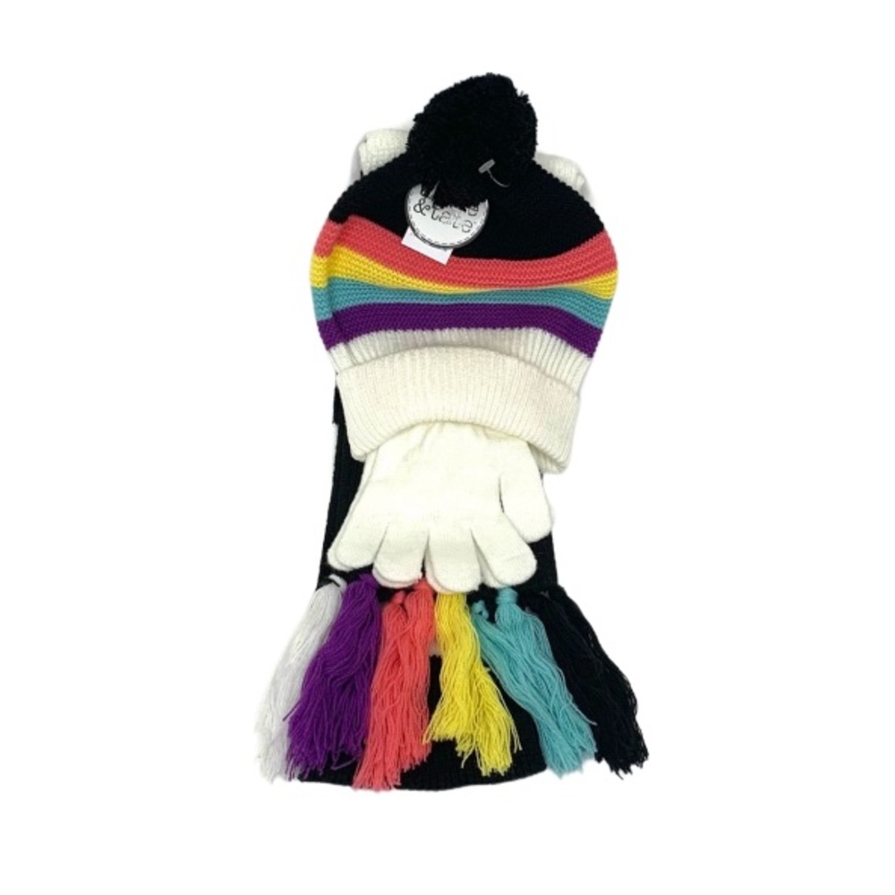 Addie & Tate Girls 3 Piece Winter Hat Mitten & Scarf Set Striped Rainbow New Nwt